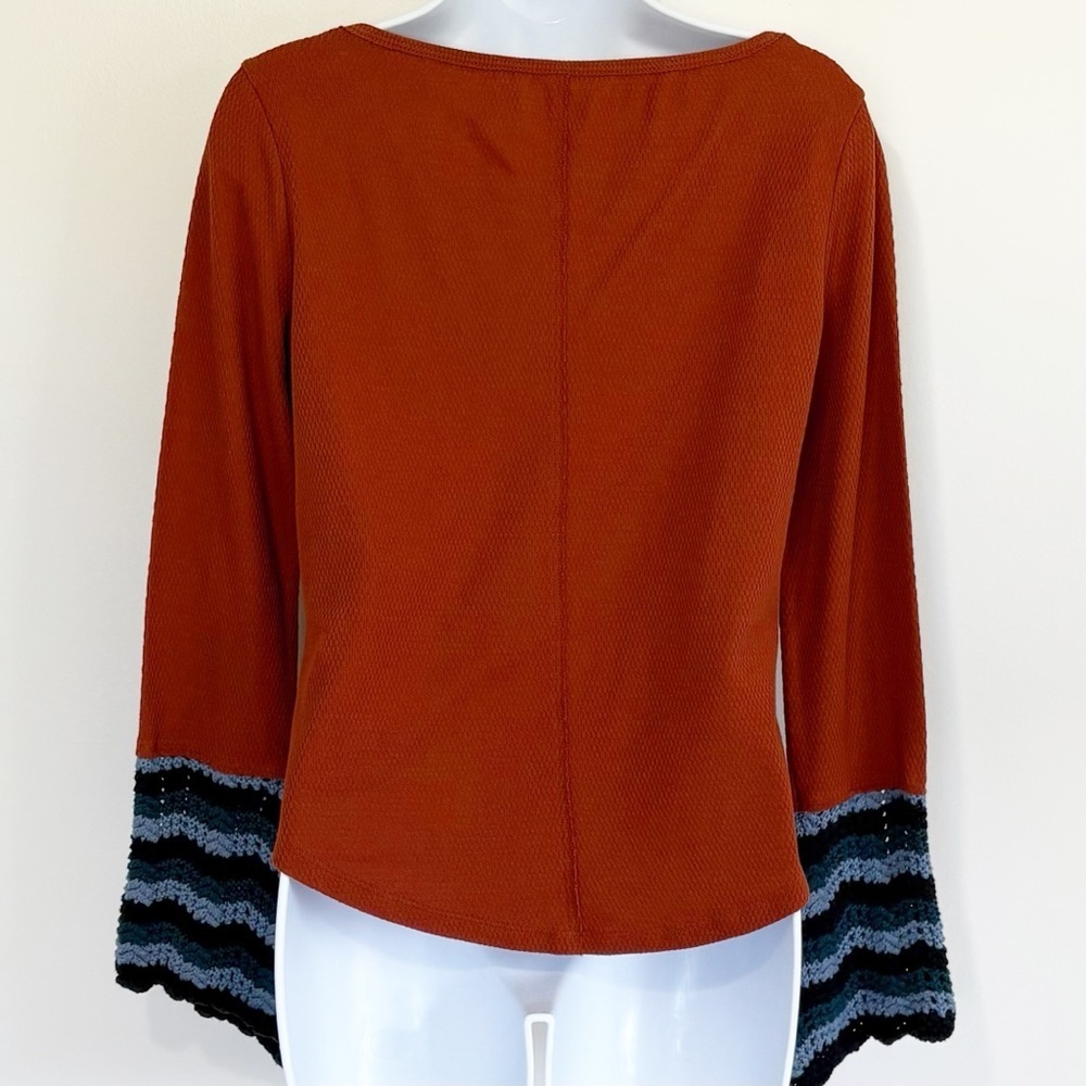PILCRO Anthropologie Waffle Knit Thermal Top Rust Orange Crochet Bell Sleeve Sm - Picture 3 of 10